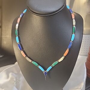 G30. Gemstone Inlay Collar Link Necklace, 925 Sterking SIilver, Stamped, Native